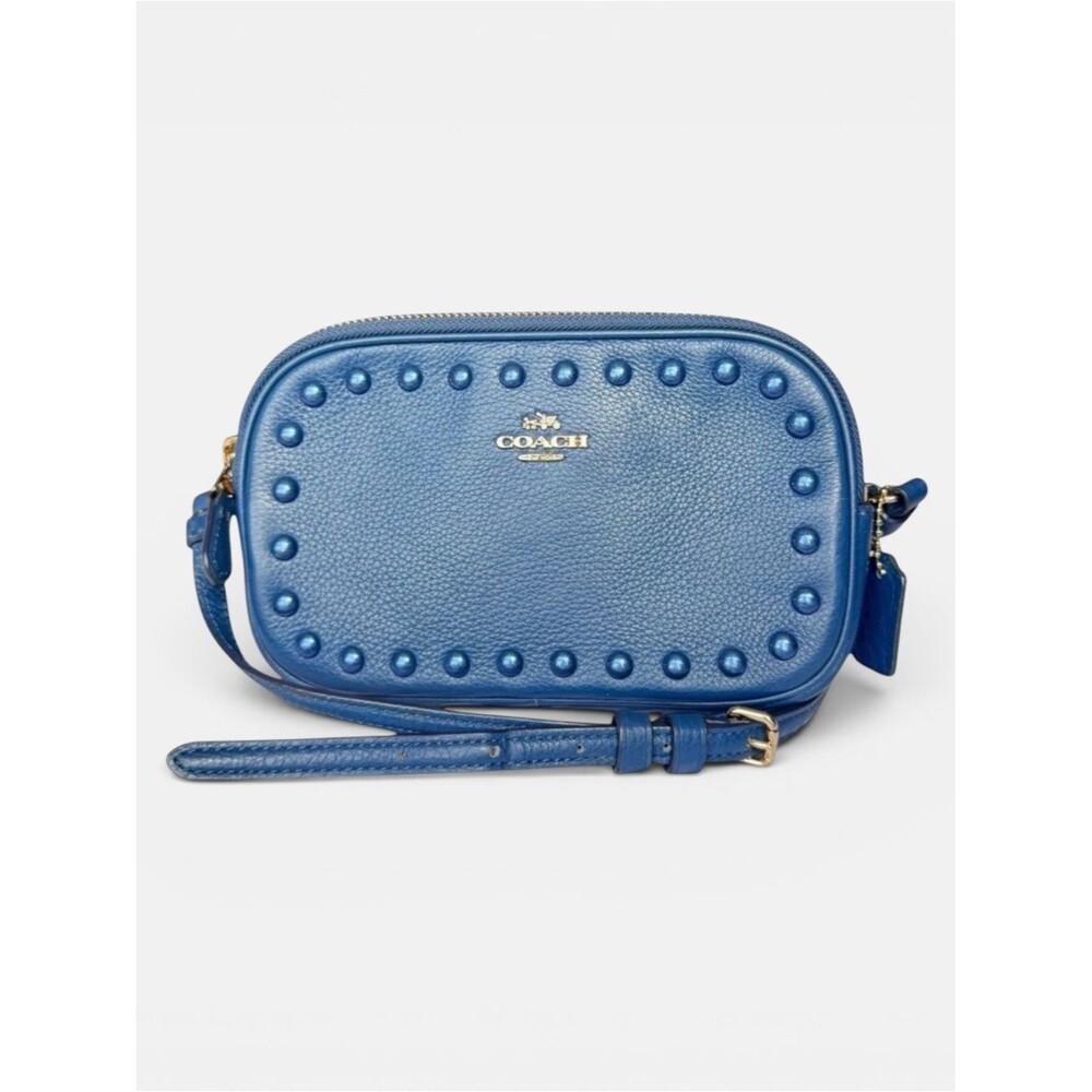Coach Blue Leather Studded Camera Bag Crossbody Double Zip Gold Hardware Minimal